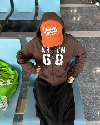 68 Patch Double Zip Cropped Hoodie