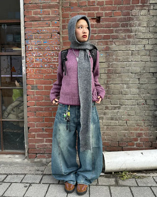 (Unisex) Center Seam Washed Balloon Denim Pants