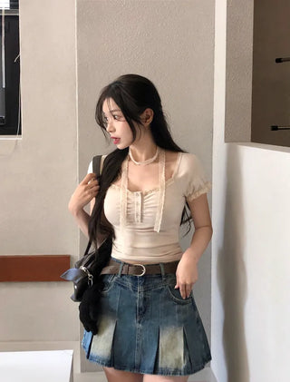 [Tie Set] Lace Short-Sleeve T-Shirt