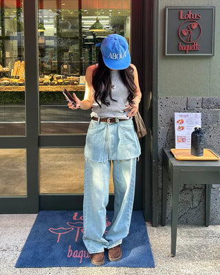 Cut-off wrap skirt & wide-leg denim set