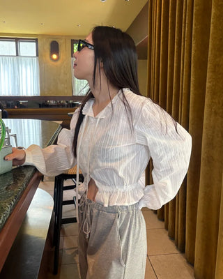 Lace neck striped button blouse