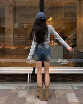 Washed denim shorts