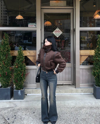 High-neck military shearling jacket