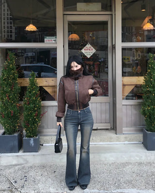 High-neck military shearling jacket