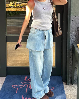 Cut-off wrap skirt & wide-leg denim set