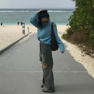 Distressed wide-leg denim pants