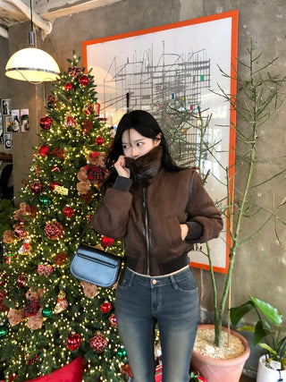 High-neck military shearling jacket