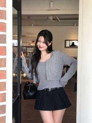 [2pcs] Knit Sleeveless Cardigan Set