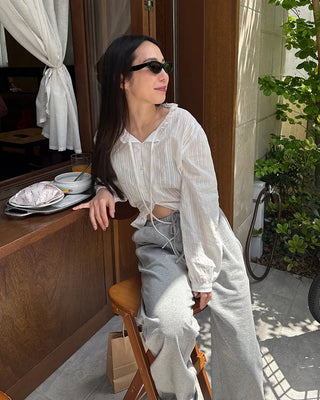 Lace neck striped button blouse