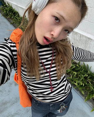 Striped semi-cropped long-sleeve T-shirt
