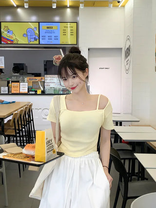 [2-way] Asymmetrical Shoulder Short-Sleeve T-Shirt (6 colors)