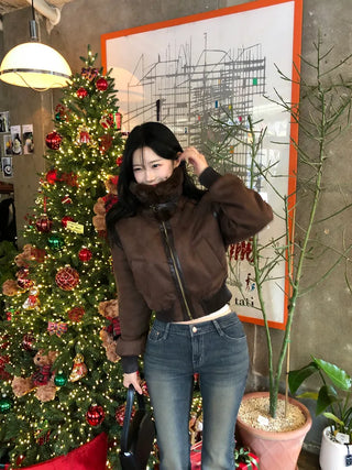 High-neck military shearling jacket