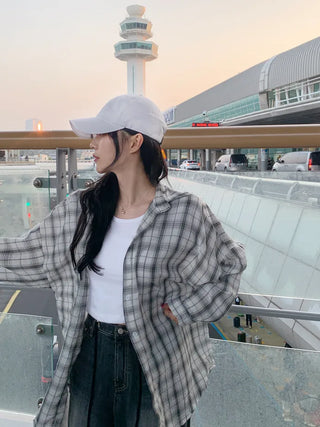 [2 colors] Oversized check shirt