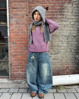 (Unisex) Center Seam Washed Balloon Denim Pants