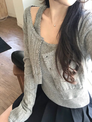 [2pcs] Knit Sleeveless Cardigan Set