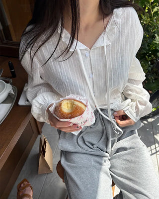 Lace neck striped button blouse