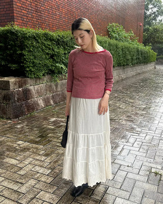 Border Slash Neck Cropped Sleeve T-Shirt