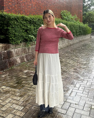 Border Slash Neck Cropped Sleeve T-Shirt
