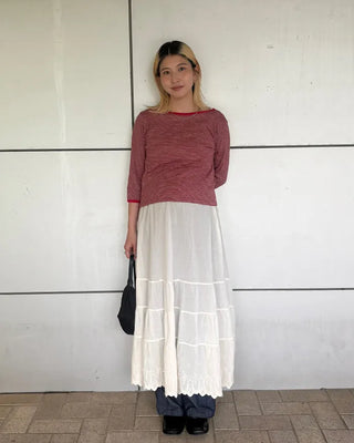 Border Slash Neck Cropped Sleeve T-Shirt