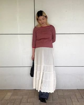 Border Slash Neck Cropped Sleeve T-Shirt
