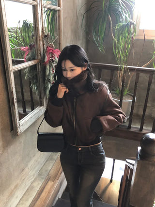High-neck military shearling jacket