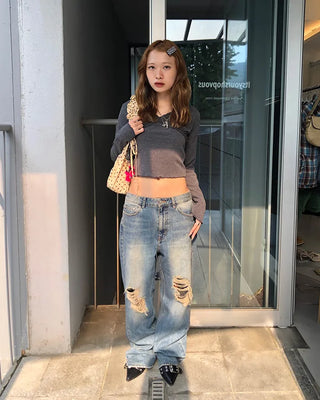 Lace V-neck cropped ribbed long T-shirt