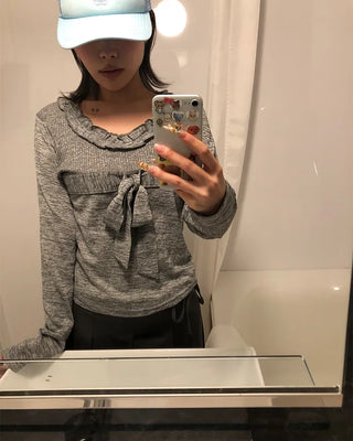 Frill Jewel Neck Ribbon Bust Long T-Shirt