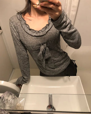 Frill Jewel Neck Ribbon Bust Long T-Shirt
