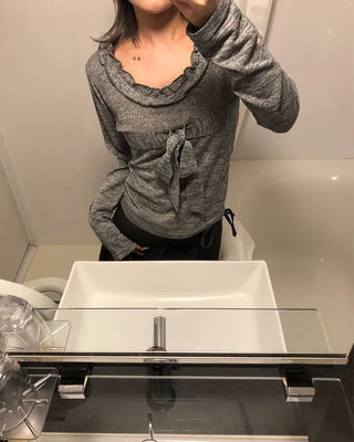 Frill Jewel Neck Ribbon Bust Long T-Shirt
