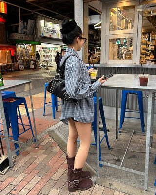 Double rivet belt leather tote bag