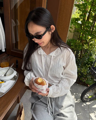Lace neck striped button blouse