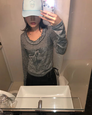 Frill Jewel Neck Ribbon Bust Long T-Shirt