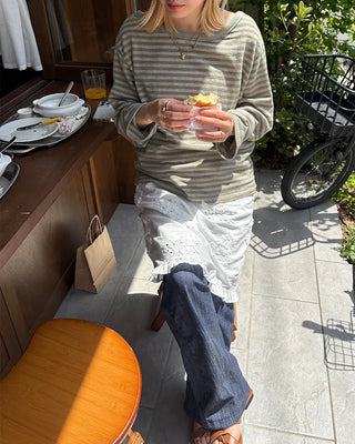 Boat neck striped long cut and sew