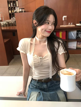 [Tie Set] Lace Short-Sleeve T-Shirt