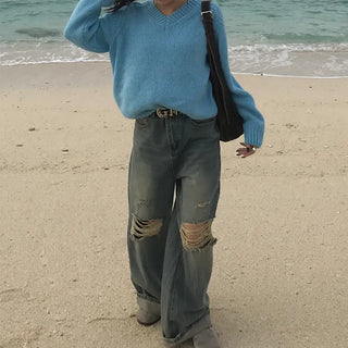Distressed wide-leg denim pants