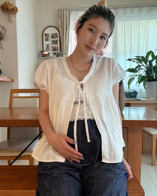 Striped front-open puff blouse