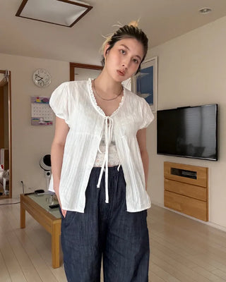 Striped front-open puff blouse
