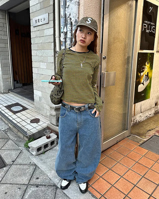 Round neck simple striped long T-shirt