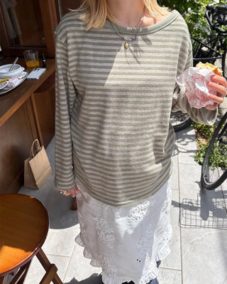 Boat neck striped long cut and sew