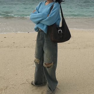 Distressed wide-leg denim pants
