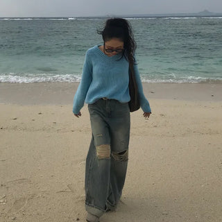 Distressed wide-leg denim pants