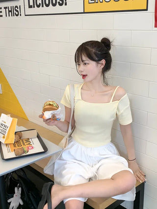 [2-way] Asymmetrical Shoulder Short-Sleeve T-Shirt (6 colors)