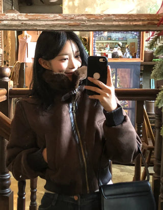 High-neck military shearling jacket