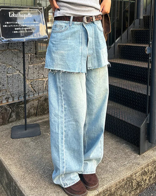 Cut-off wrap skirt & wide-leg denim set