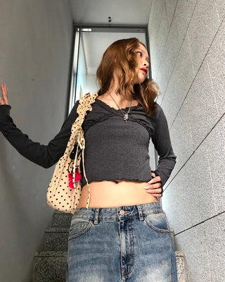 Lace V-neck cropped ribbed long T-shirt