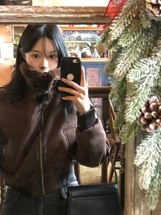 High-neck military shearling jacket