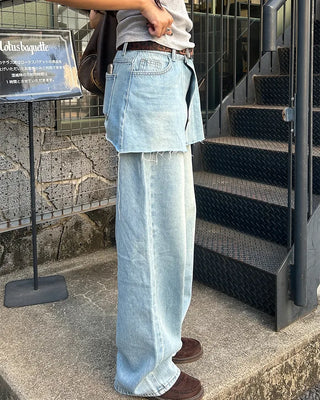 Cut-off wrap skirt & wide-leg denim set