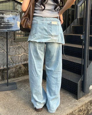 Cut-off wrap skirt & wide-leg denim set