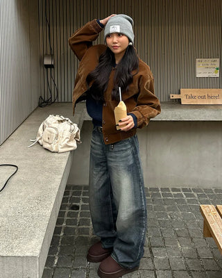 Seam-stitched distressed wide-leg denim pants