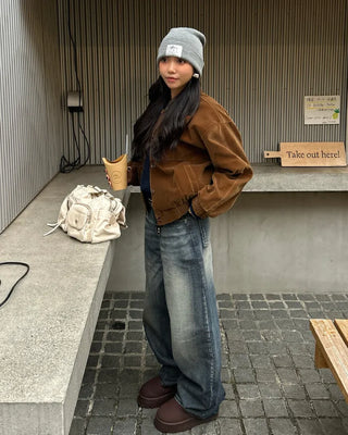 Seam-stitched distressed wide-leg denim pants